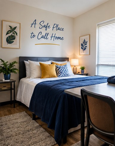 A furnished bedroom at a Groundwork Living residence — a safe place to call home.