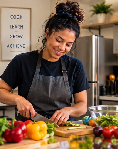 A resident practicing independent living skills in the shared kitchen — cook, learn, grow, achieve.
