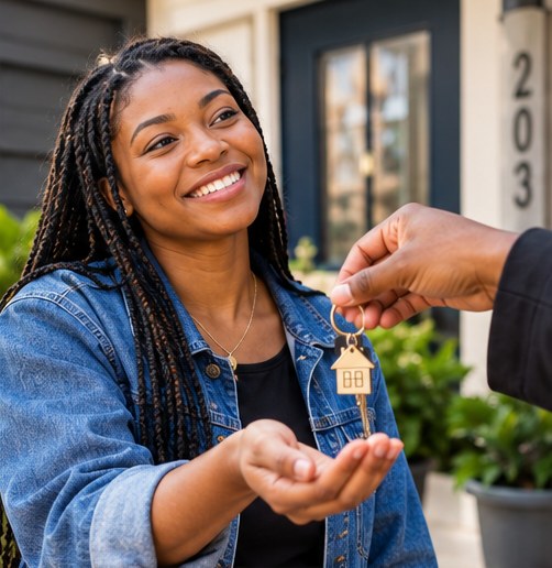 A resident receiving her keys — more than a place to live, it's a launchpad for her future.