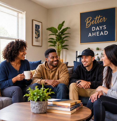Residents together in the common room — better days ahead.